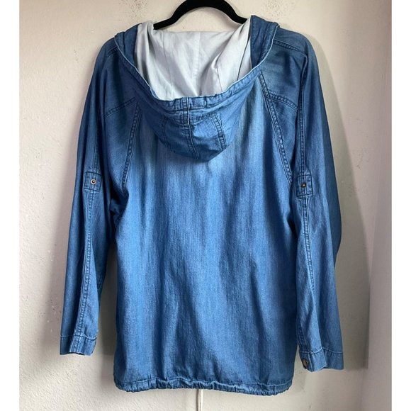 Life in Progress Sz Medium Women Jean Denim Parka Utility Jacket Chambray Hooded - Picture 2 of 8